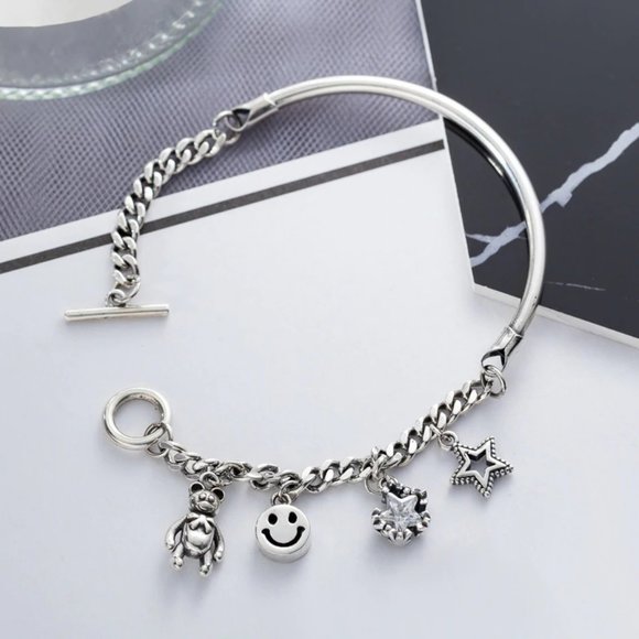 925 Sterling Silver Toggle Chain Charm Bracelet - Picture 3 of 5